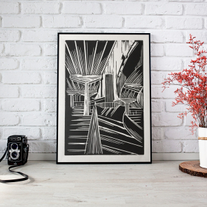 Coventry Ring Road Flyover by the University Lino Cut